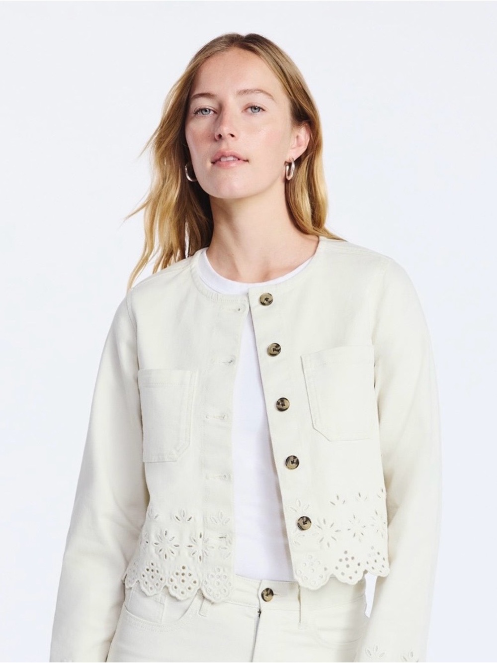 Free Assembly Ivory Cropped Eyelet Hem Jacket